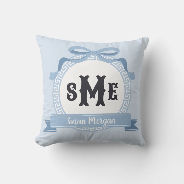 Light Slate Blue Reverse Greek Key Bow Monogram Throw Pillow (Front)