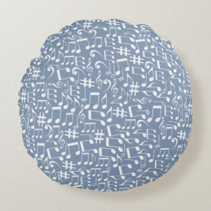 Light Smokey Blue w Dancing Music Notes Round Pillow
