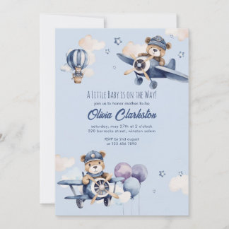 Light Soft Blue Teddy Bear Aircraft Baby Shower Invitation