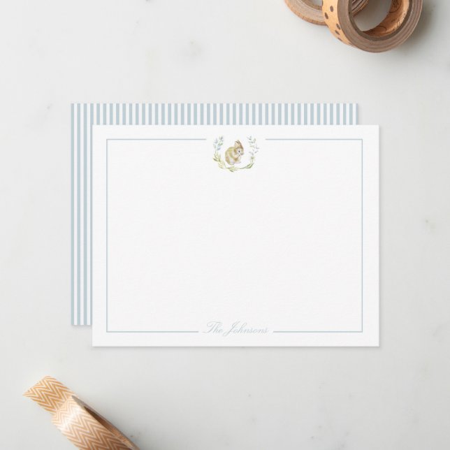 Light Soft Blue with Bunny Personalized Stationery Note Card (Front/Back In Situ)