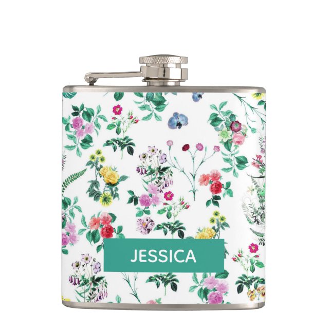Light Spring Floral Pattern Personalised Flask (Front)