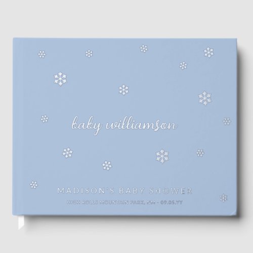 Light Steel Blue Snowflakes Boy Winter Baby Shower Foil Guest Book