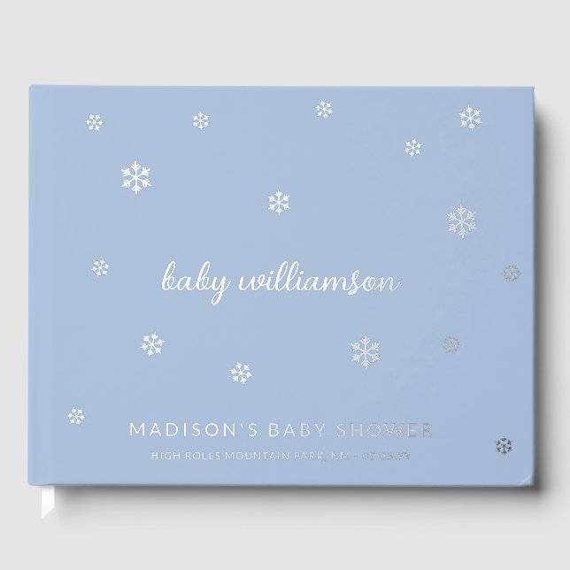 Light Steel Blue Snowflakes Boy Winter Baby Shower Foil Guest Book (Front)