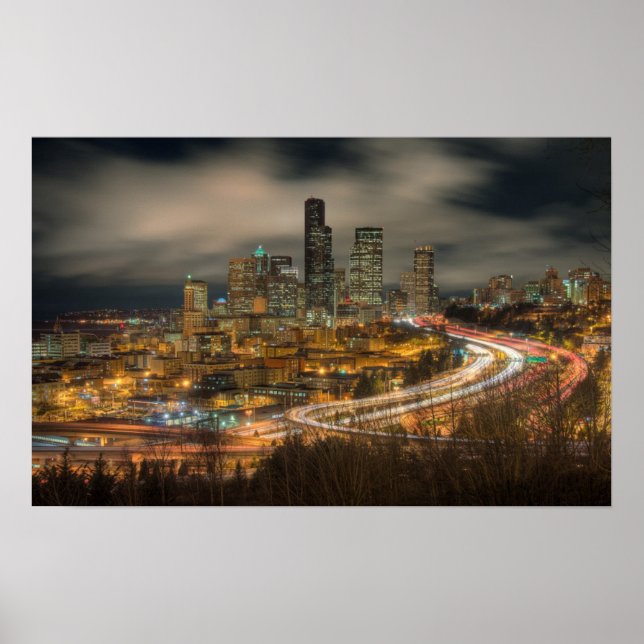 Light streaks from cars at night poster (Front)