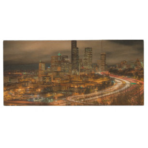 Light streaks from cars at night wood USB flash drive