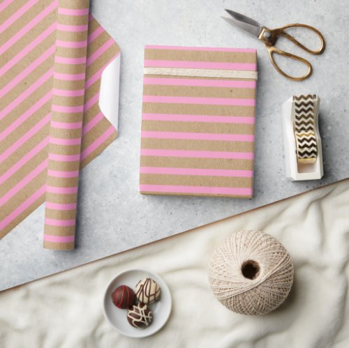 Light Summer Pink Lines On Faux Rustic Brown Kraft Wrapping Paper
