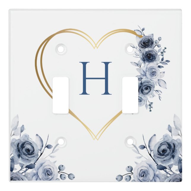 Light Switch Cover Gold Heart Blue/White Floral (Front)