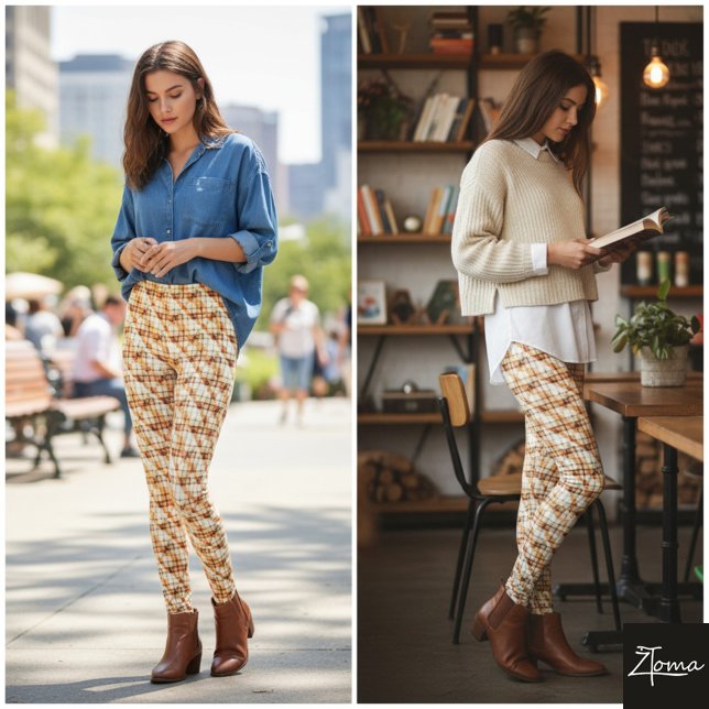 Light Tan Diagonal Plaid Subtle Weave Leggings (Creator Uploaded)