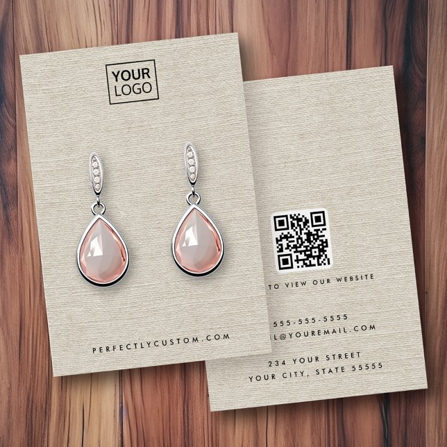 Light tan linen look logo QR earring display card (Light tan linen look logo QR earring display card)