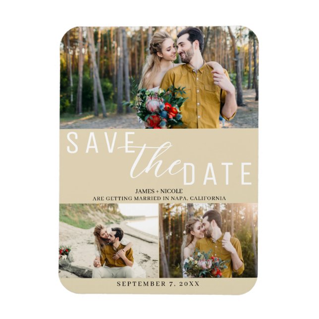 Light Tan Neutral Save the Date Wedding 3 Photos Magnet (Vertical)