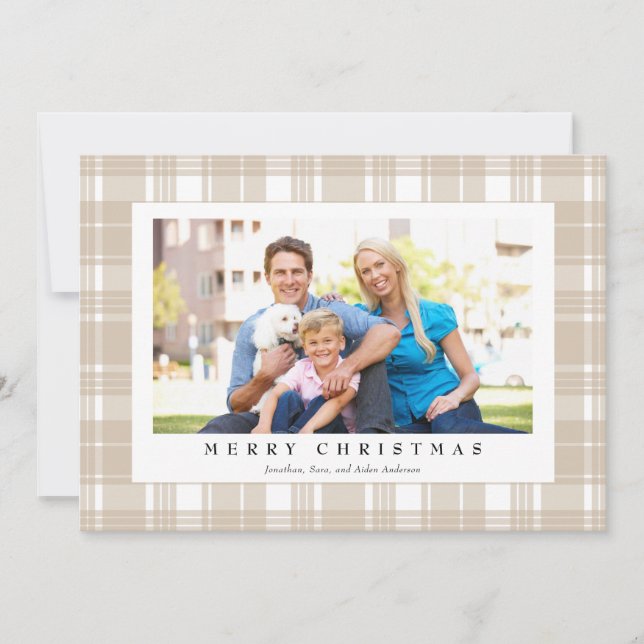 Light Tan Plaid Photo Christmas Holiday Card (Front)