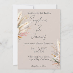 Light Taupe Boho Pampas Grass Wedding Invitation