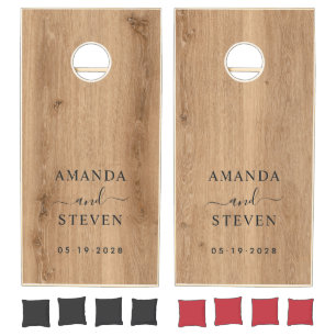 Light Teak Wood Couple Names with Wedding Date Cornhole Set