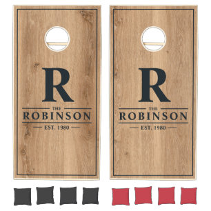 Light Teak Wood Family Name & Initial Cornhole Set