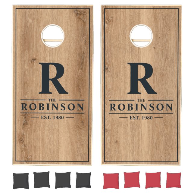 Light Teak Wood Family Name & Initial Cornhole Set (Set)
