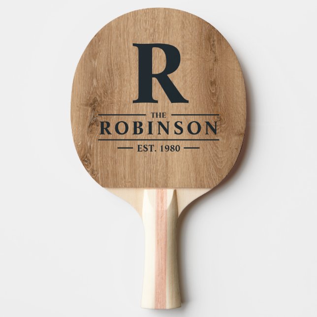 Light Teak Wood Family Name & Initial Ping Pong Paddle (Front)