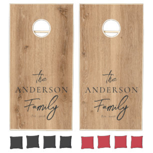 Light Teak Wood Hand Written Family Name Cornhole Set