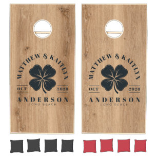 Light Teak Wood Irish Lucky Clover Wedding Crest Cornhole Set