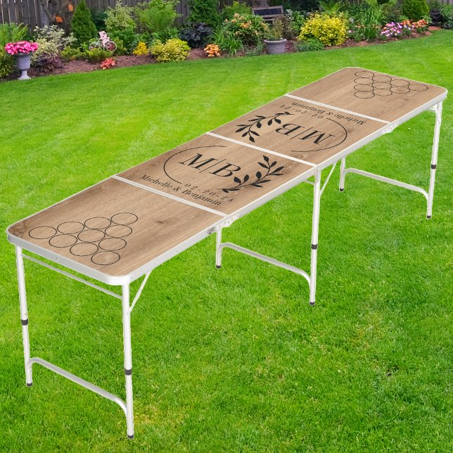 Light Teak Wood Modern Leaf Wedding Monogram Beer Pong Table (Creator Uploaded)