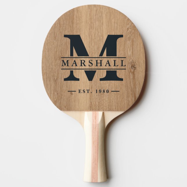 Light Teak Wood Monogram & Name Overlay Ping Pong Paddle (Back)
