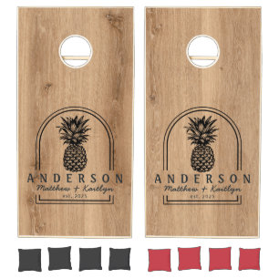 Light Teak Wood Pineapple Wedding Arch & Name Cornhole Set