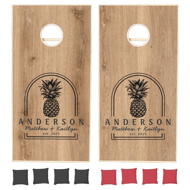 Light Teak Wood Pineapple Wedding Arch & Name Cornhole Set (Set)