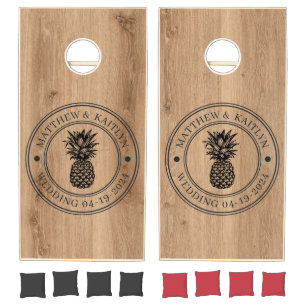 Light Teak Wood Pineapple Wedding Crest & Names Cornhole Set