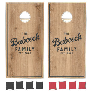 Light Teak Wood Retro Family Name & Year Cornhole Set