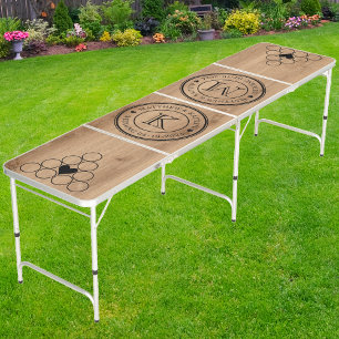 Light Teak Wood Wedding Monogram Heart Beer Pong Table