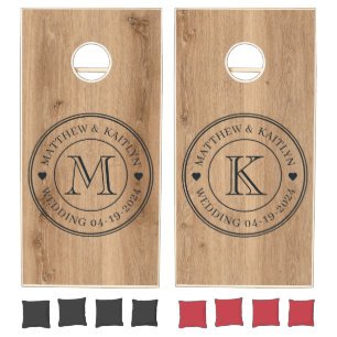 Light Teak Wood Wedding Monogram Heart Cornhole Set
