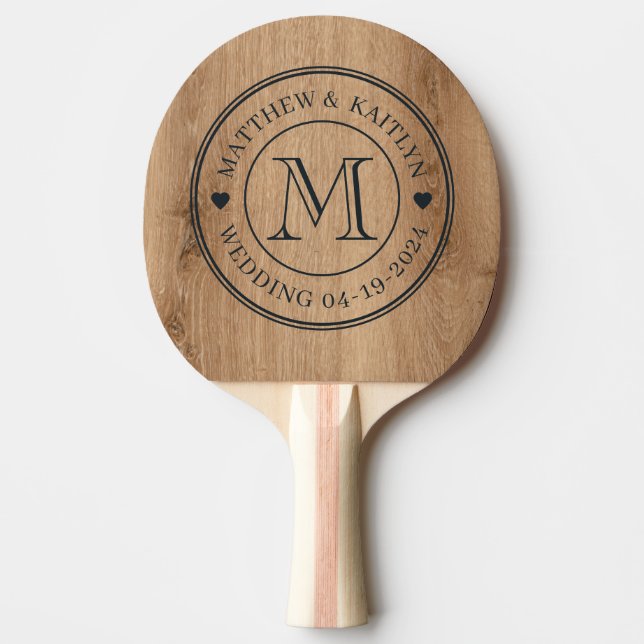 Light Teak Wood Wedding Monogram Heart Ping Pong Paddle (Front)