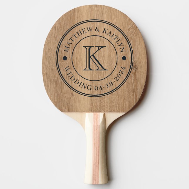 Light Teak Wood Wedding Monogram Ping Pong Paddle (Back)