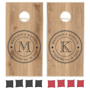 Light Teak Wood Wedding Monogram Star Cornhole Set