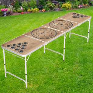 Light Teak Wood Wedding Monogram with Name & Date Beer Pong Table