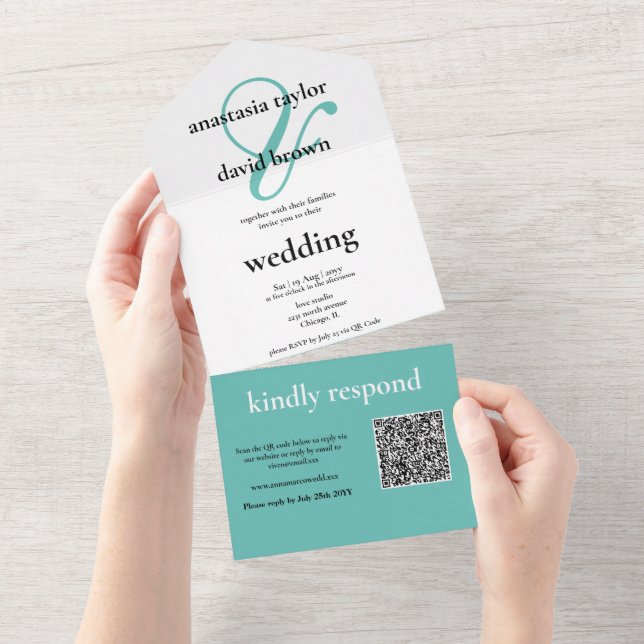 Light Teal Ampersand QR Code   All In One Invitation (Tearaway)