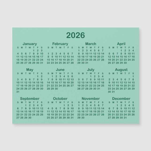 Light Teal and Hunter Green 2026 Magnetic Calendar (Front)