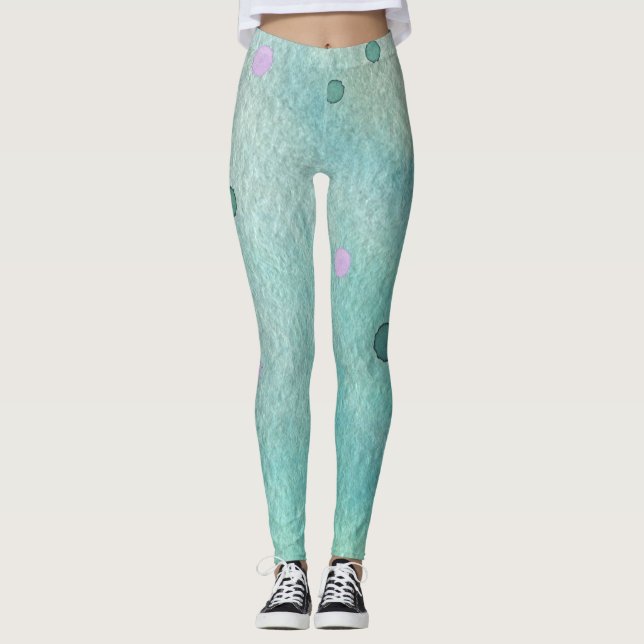 Light Teal and Orchid Purple Paint Splatter Print Leggings (Front)