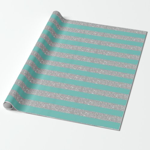 Light Teal and Silver Glitter Stripes Wrapping Paper