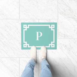 Light Teal and White Greek Key Border Monogram Doormat