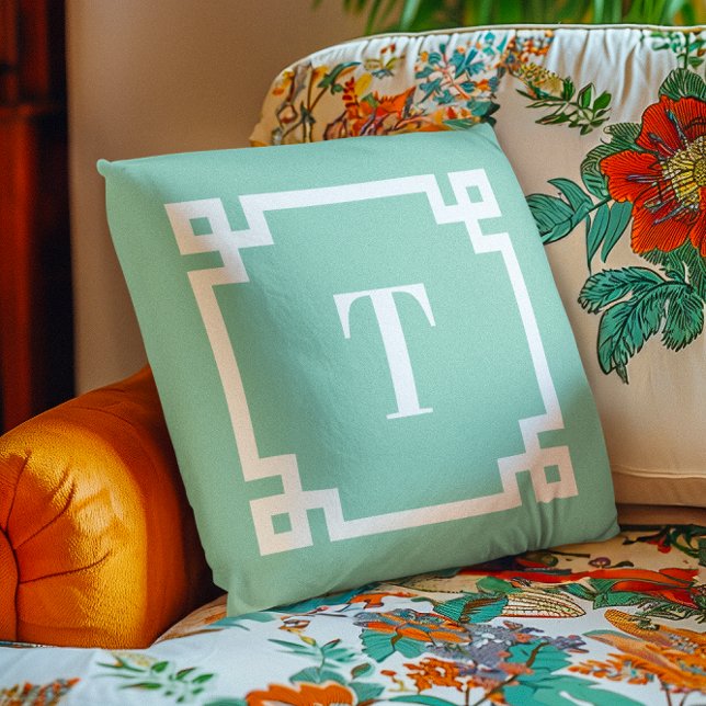 Light Teal and White Greek Key Border Monogram Outdoor Pillow (Light Teal and White Greek Key Border Monogram Outdoor Pillow)