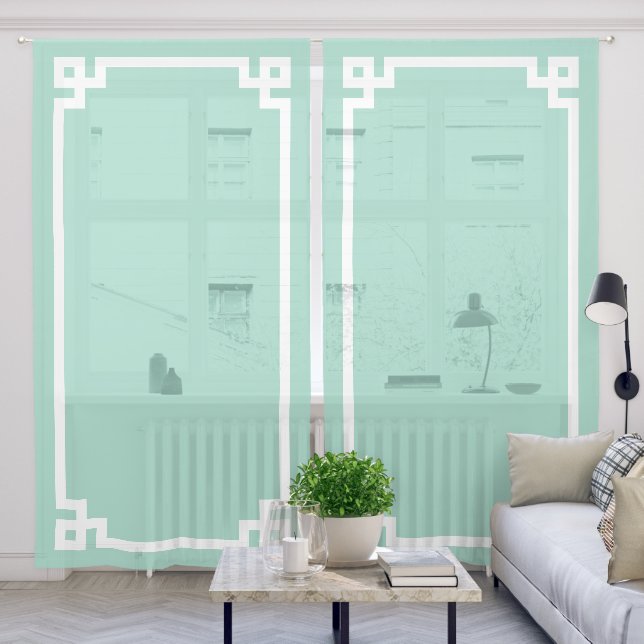 Light Teal and White Greek Key Border Sheer Curtains (Living Room)