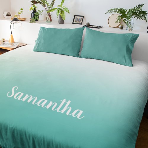 Light Teal and White Ombre Farmhouse Calligraphy Duvet Cover