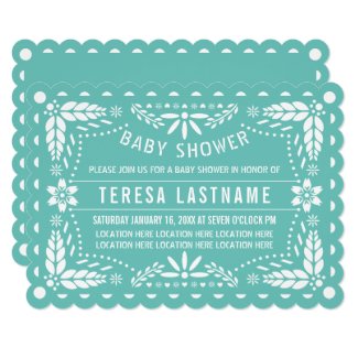 Light teal and white papel picado baby shower invitation