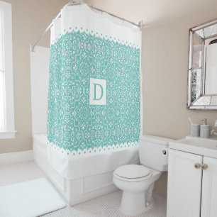 Light teal and white scalloped borders monogram shower curtain