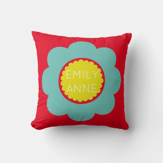Light Teal and Yellow Flower on Bright Red Throw Pillow (Front)