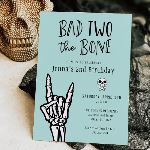 Light Teal Bad Two The Bone 2nd Birthday Party Invitation