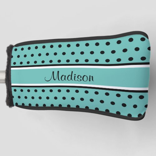 Light Teal Black Polka Dot Stripe Script Name Golf Head Cover