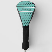 Light Teal Black Polka Dot Stripe Script Name Golf Head Cover