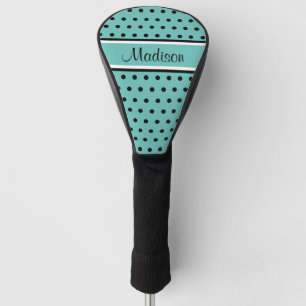 Light Teal Black Polka Dot Stripe Script Name Golf Head Cover