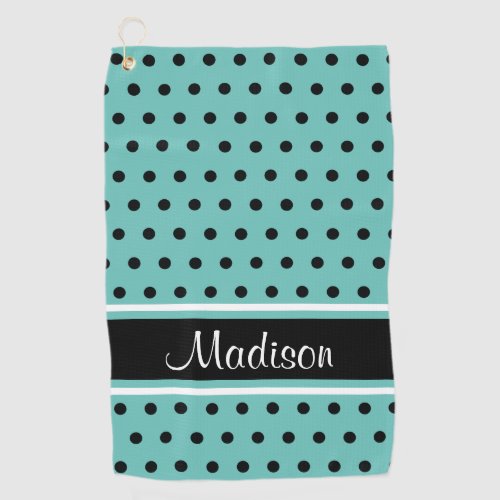 Light Teal Black Polka Dot Stripe Script Name Golf Towel